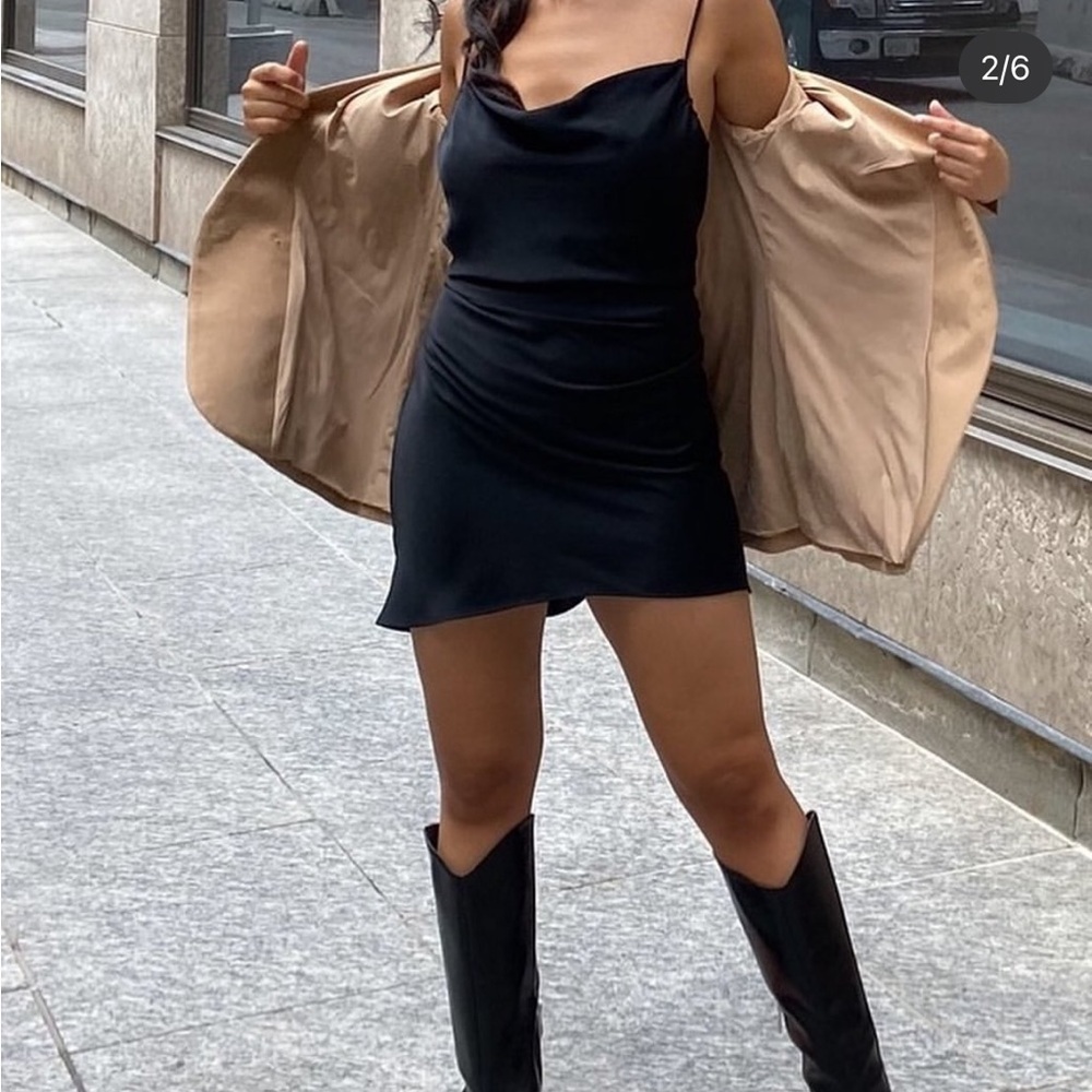 Black satin mini cowl neck dress